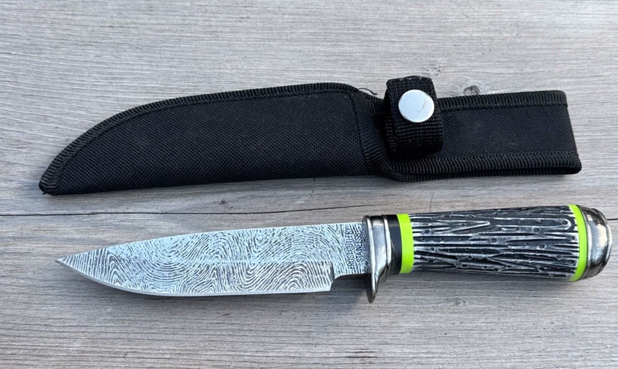 Frost Cutlery Damascus Fixed Blade Knife Black Neon Green Handle + Sheath
