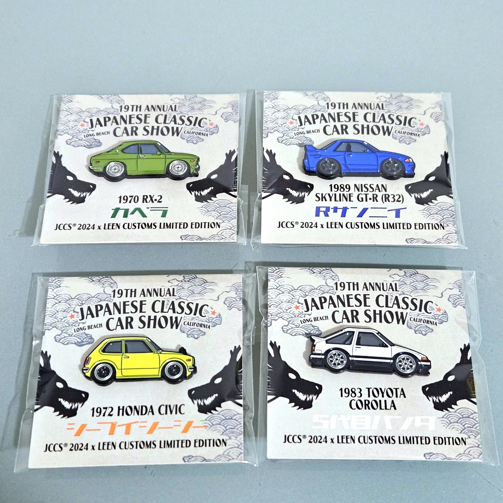 LEEN Customs 2024 JCCS Enamel Pin Skyline Corolla RX-2 Civic Full Set Of 4 LEEN Customs 2024 JCCS Enamel Pin Skyline Corolla RX-2 Civic Full Set Of 4