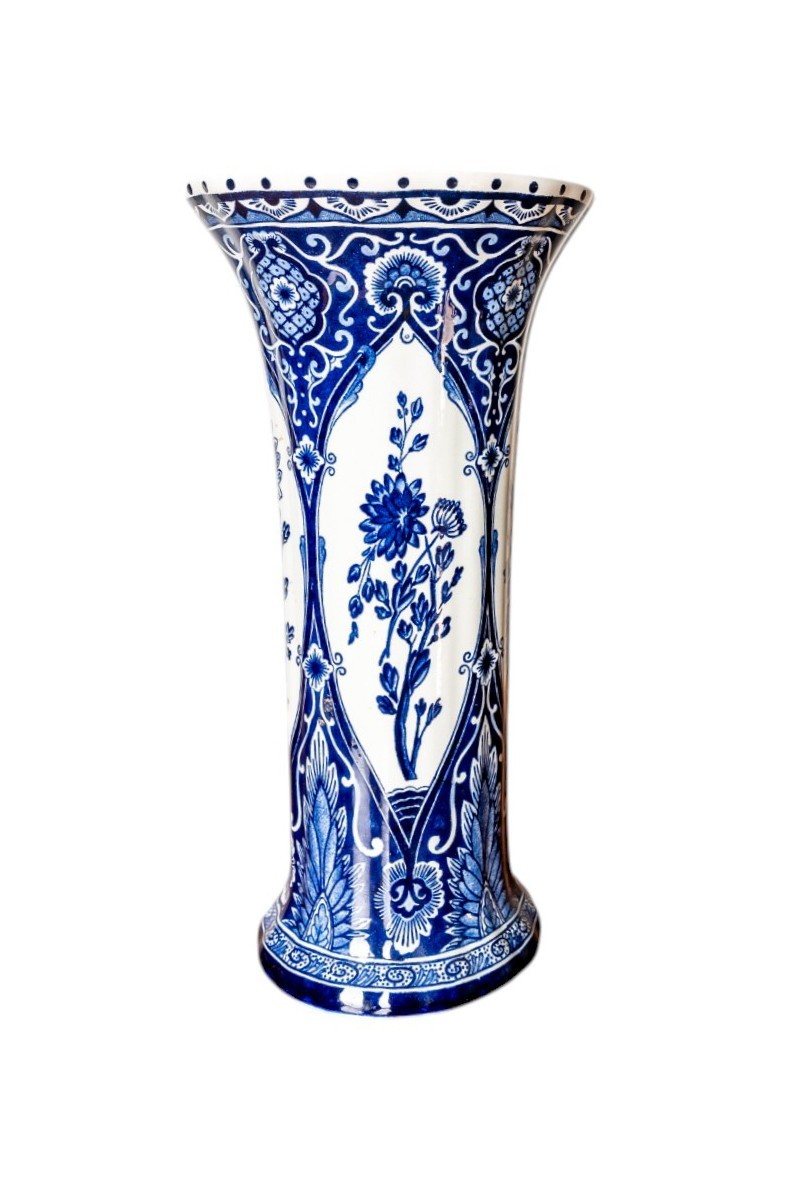 Mid Century Boch Delft Blue White Ceramic Trumpet Vase Royal Sphinx Style 12” #2