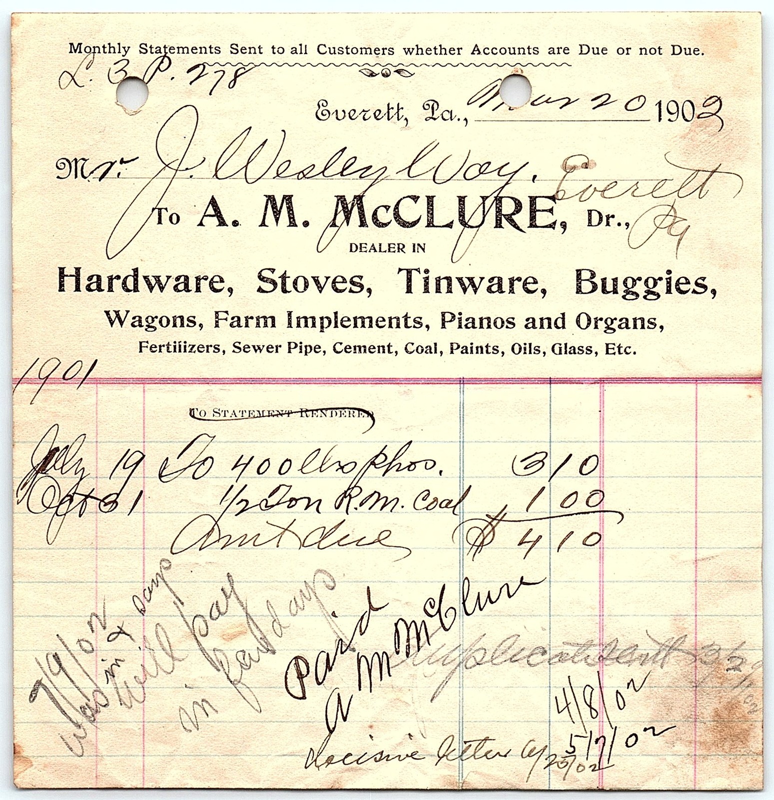 1902 Everett PA A.M. McClure hardware & general store billhe