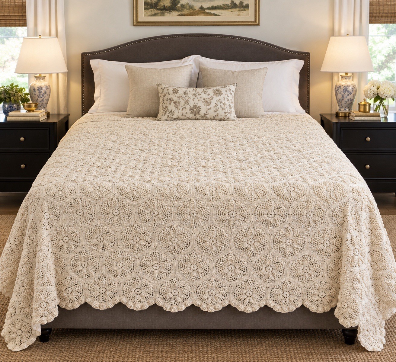 VTG Hand Crocheted Lace Doilies Coverlet Bedspread Cottage Farmhouse King VTG Hand Crocheted Lace Doilies Coverlet Bedspread Cottage Farmhouse King