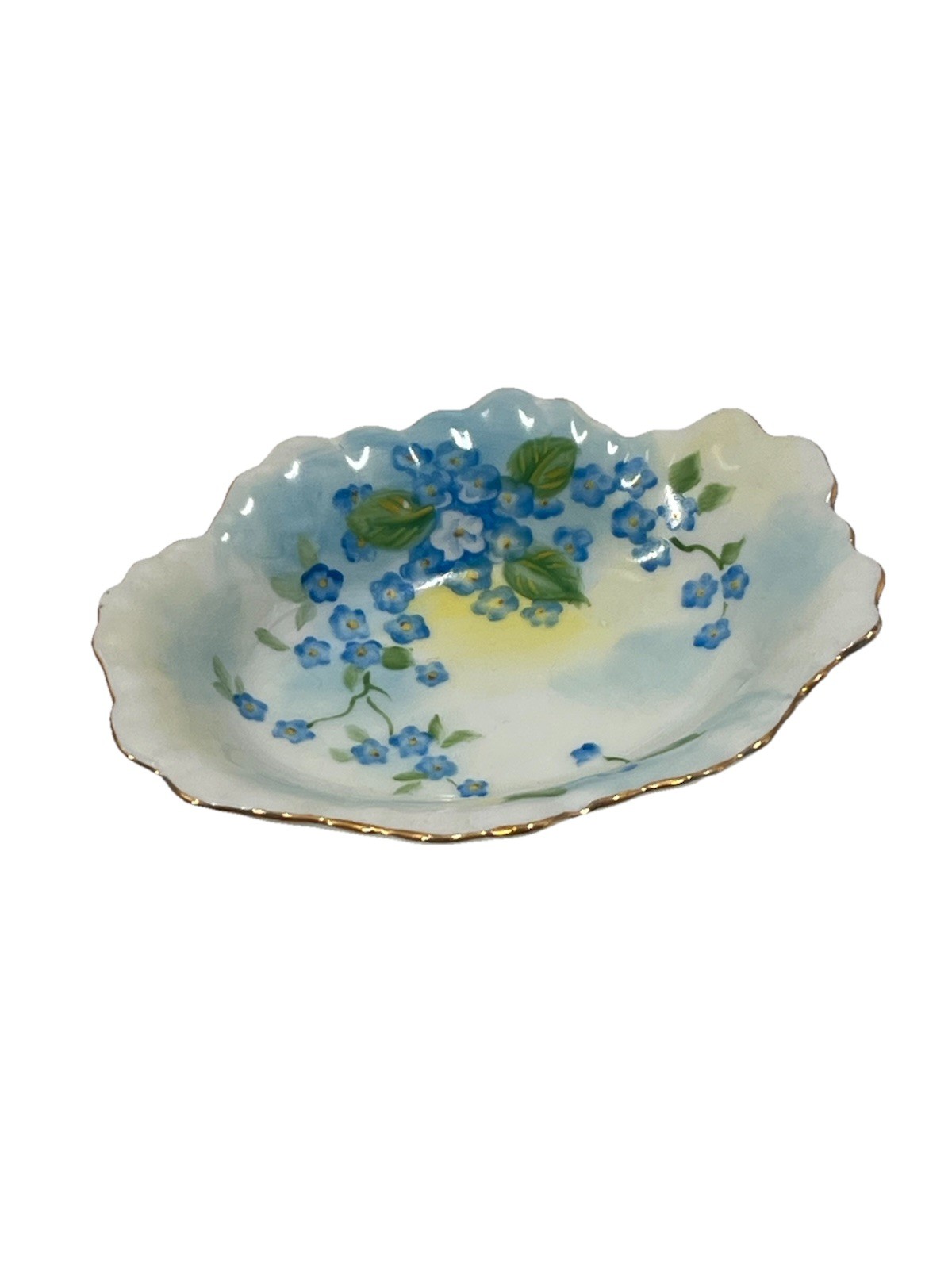 Vintage Leffon China Hand Painted Forget Me Not Trinket Dish Gold Trim Japan 