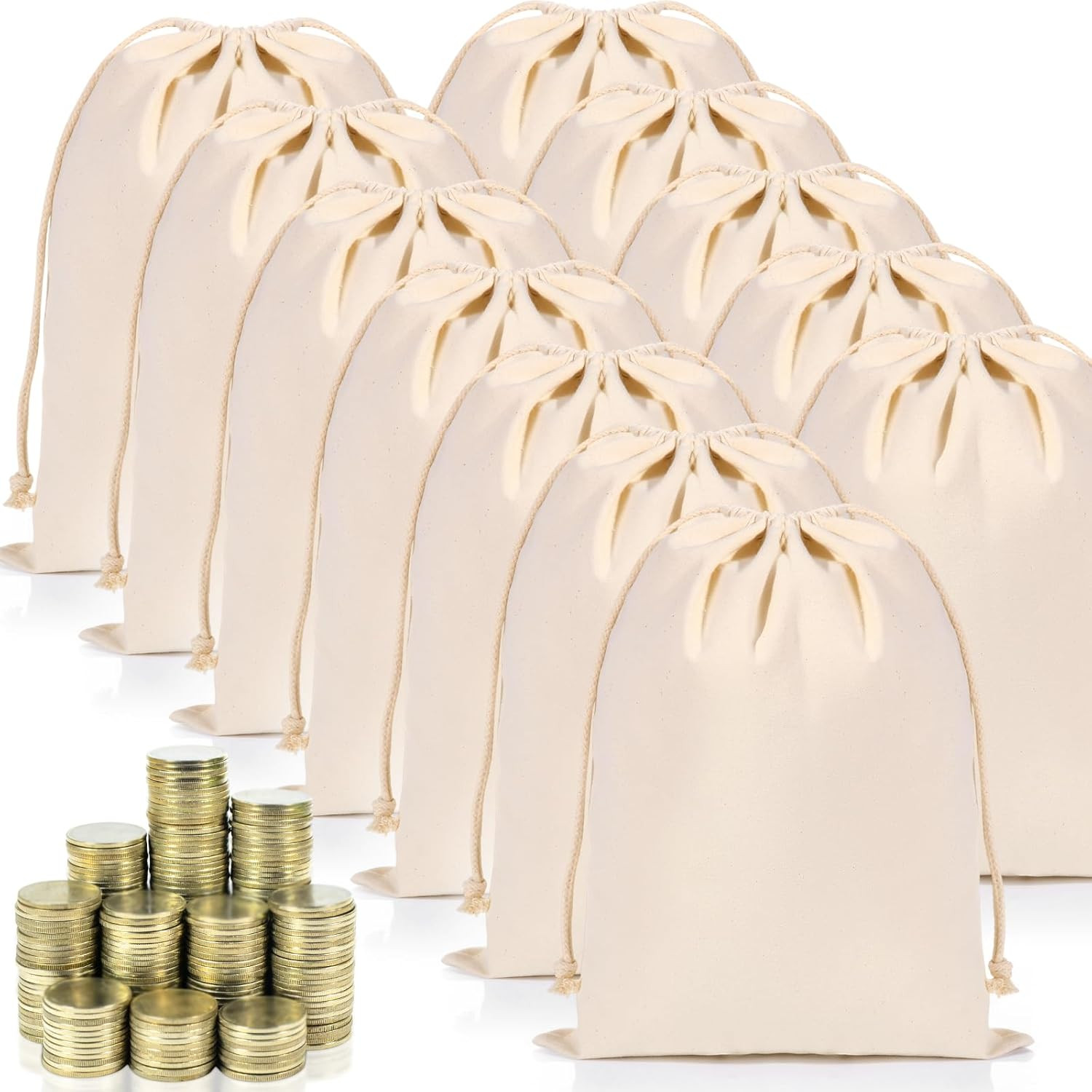 12-Pack 12x17-Inch Heavy-Duty Canvas Drawstring Money & Coin Bags for Cash and T