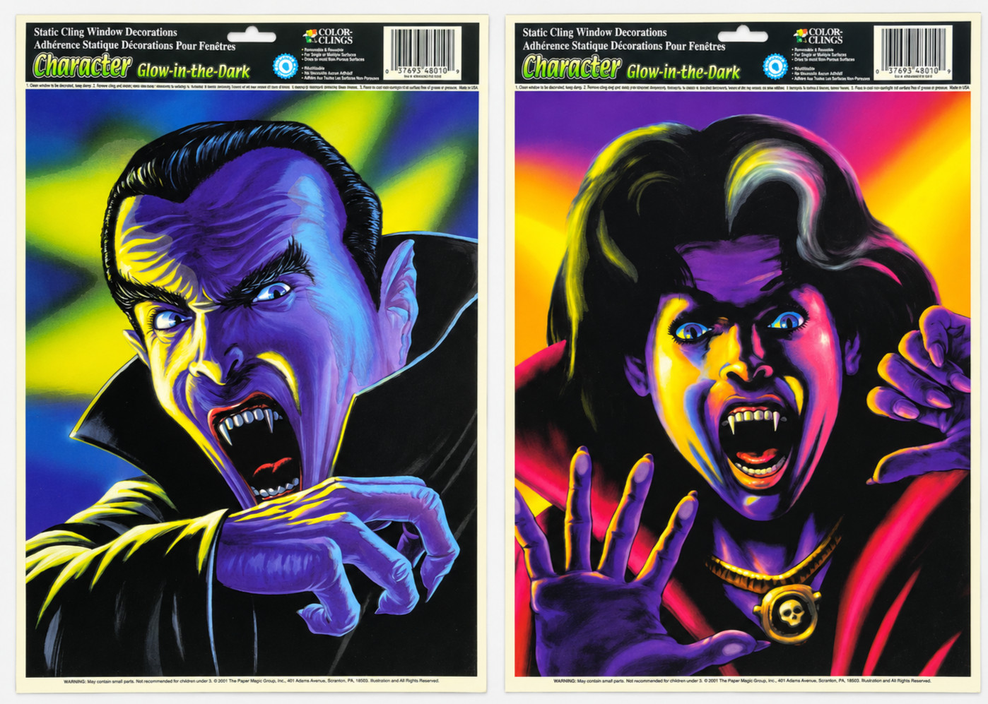 Vintage 2001 Paper Magic Giant Vampire Window Clings Lot 2 Glow Black Light
