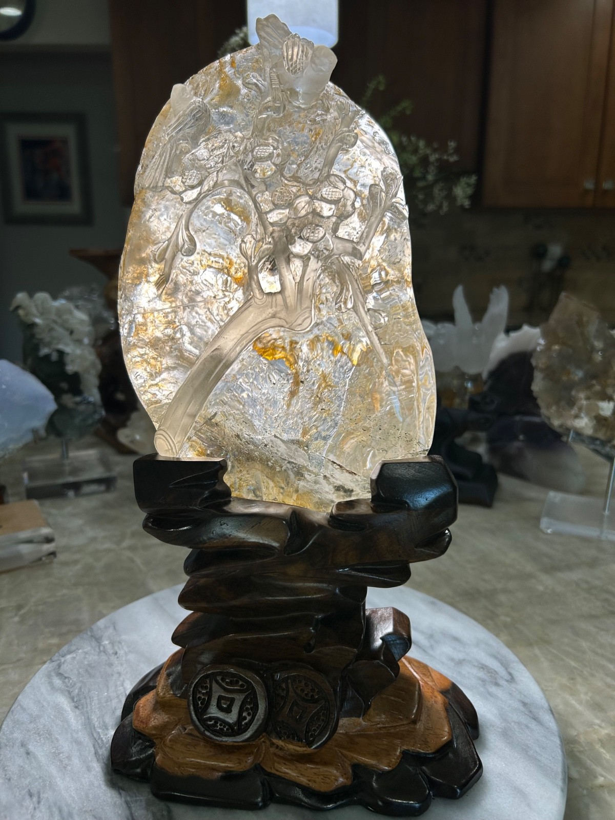 Huge Golden Healer Bird Flowers carving on custom sandalwood stand