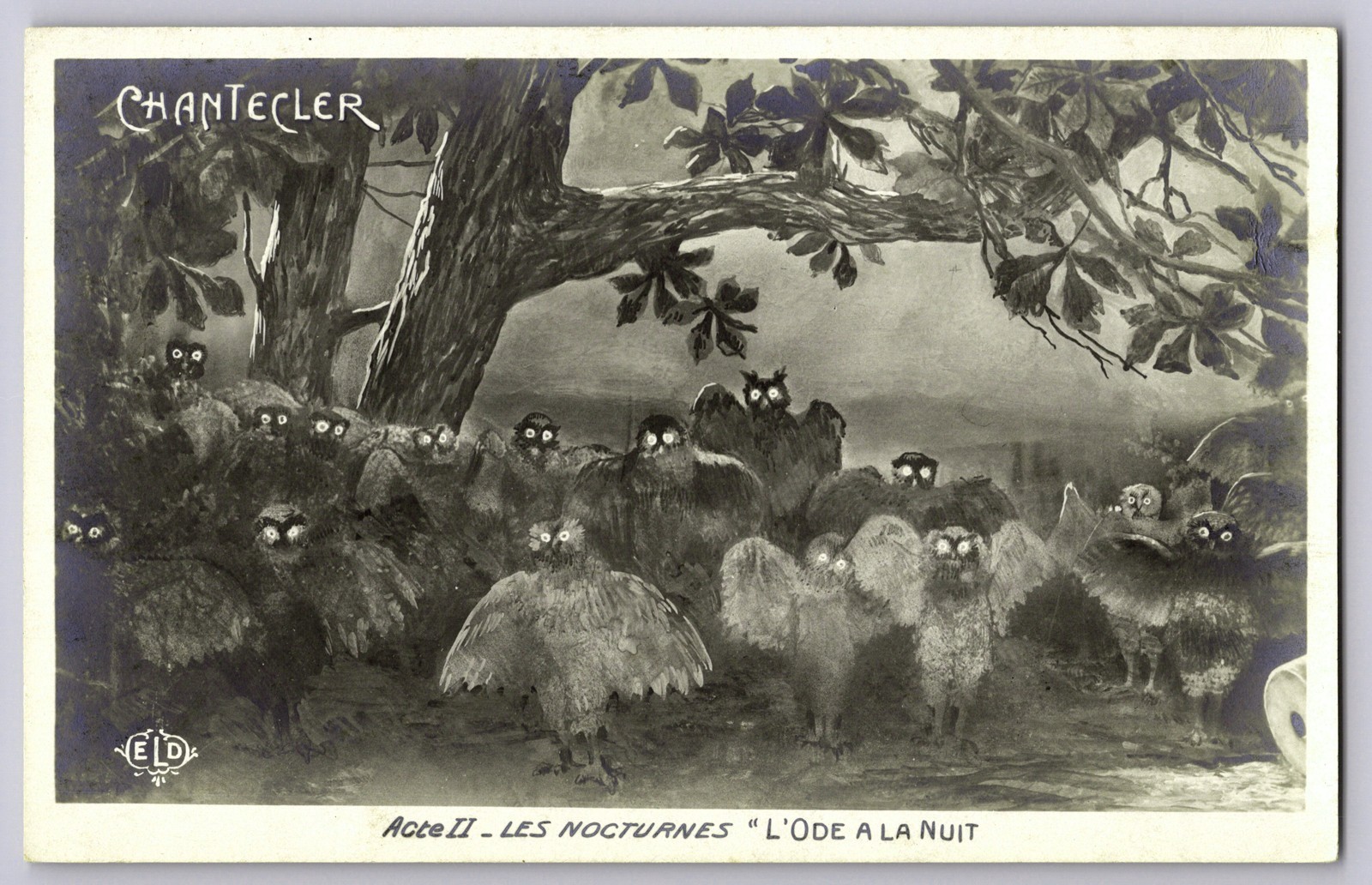 Antique Halloween RPPC Spooky Owls Creepy Glowing Eyes Moon L\'Ode A La Nuit 1910