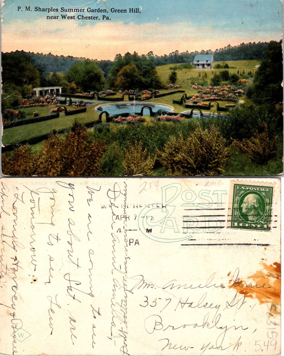 West Chester PA. P.M. Sharples Summer Garden Green Hill Fountain Postcard 58315