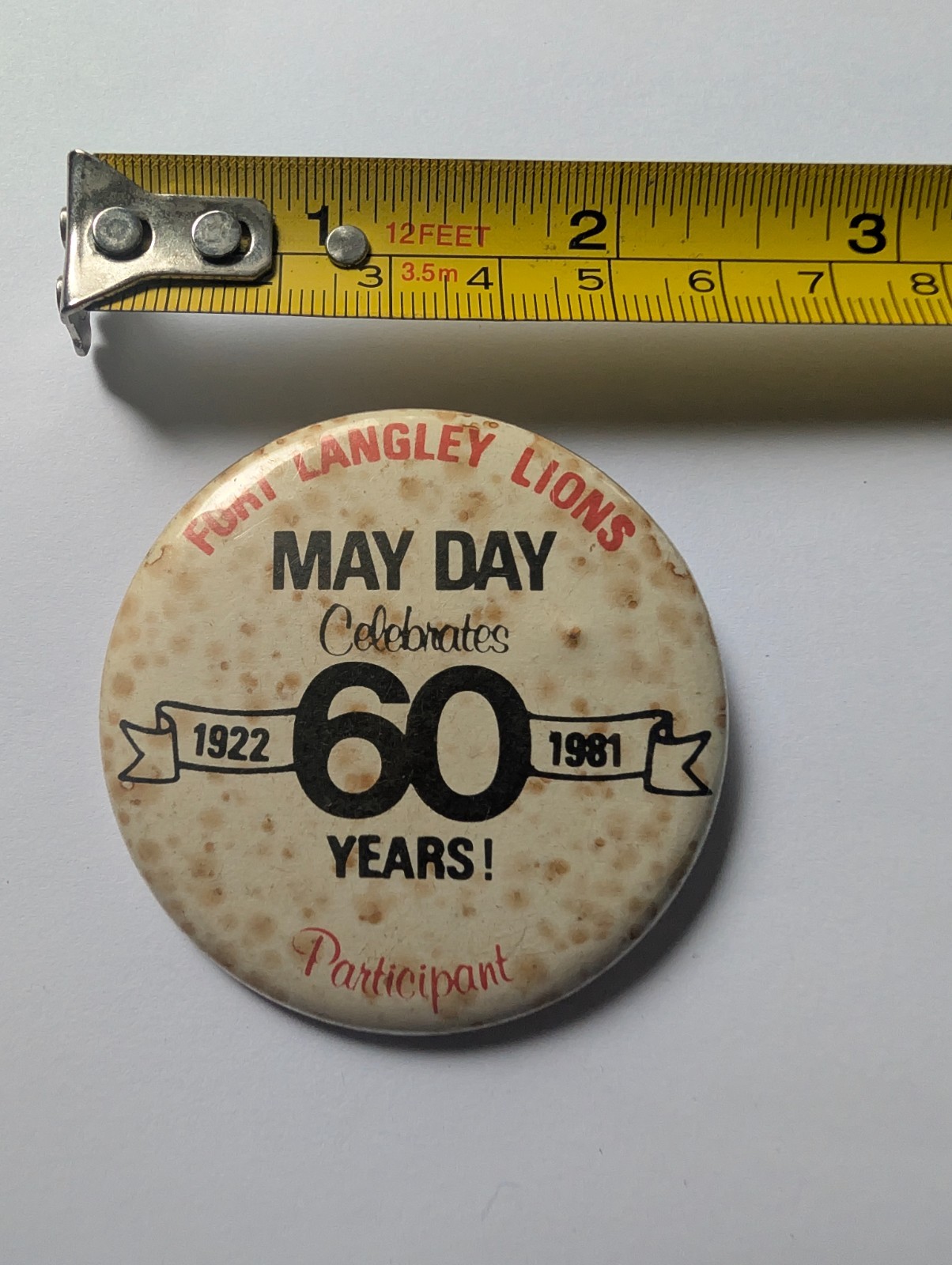Vintage Pin Pinback Button Fort Langley Lions May Day 1981 60 Years Ann