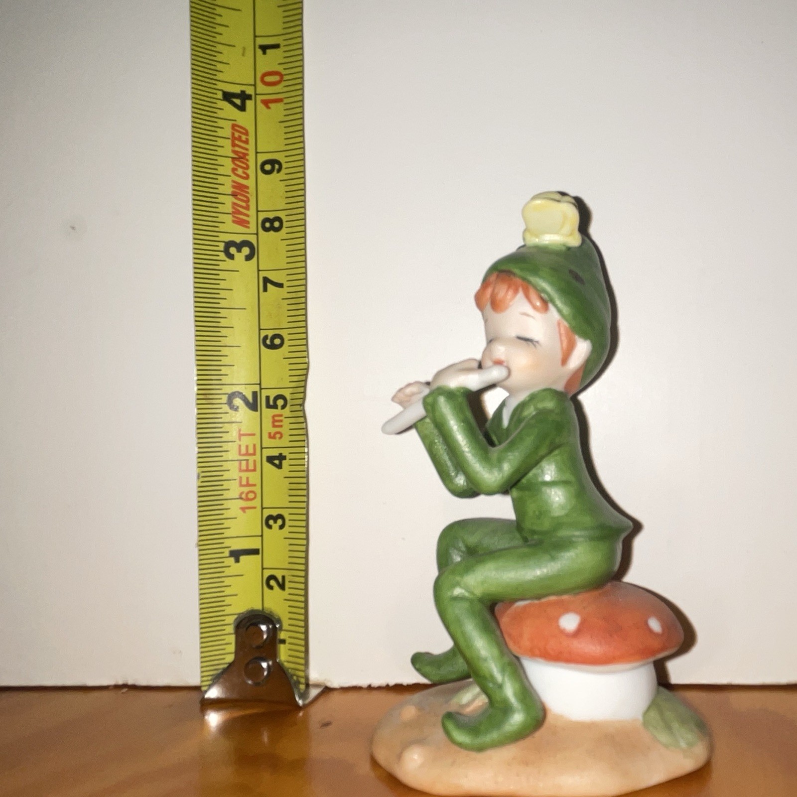 Lefton Hand Painted Ceramic Pixie Elf Flute on Mushroom Butterfly Figurine Lefton Hand Painted Ceramic Pixie Elf Flute on Mushroom Butterfly Figurine