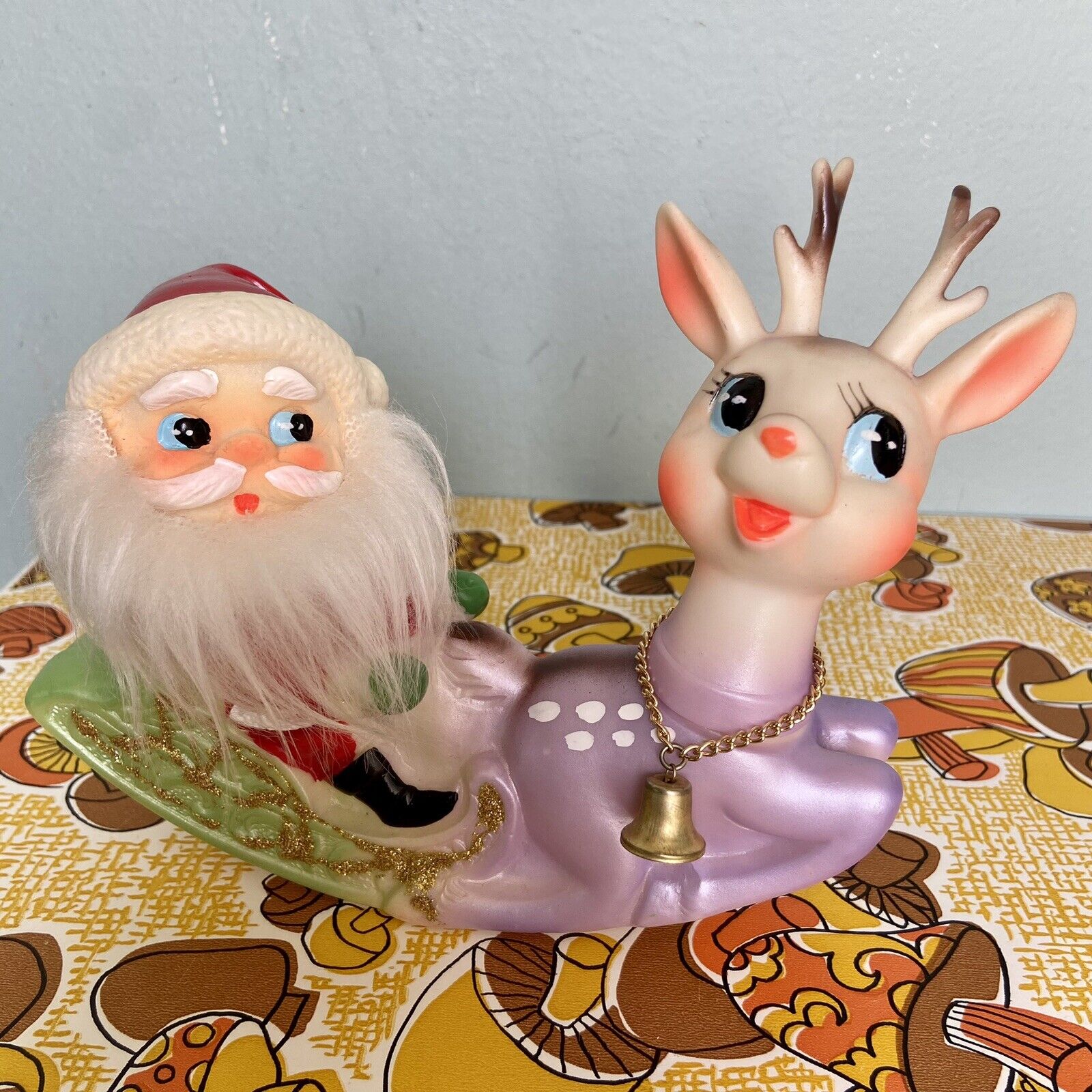 Vtg Ninohira Japan 7” Santa On Green Sleigh With Purple Reindeer Christmas Decor