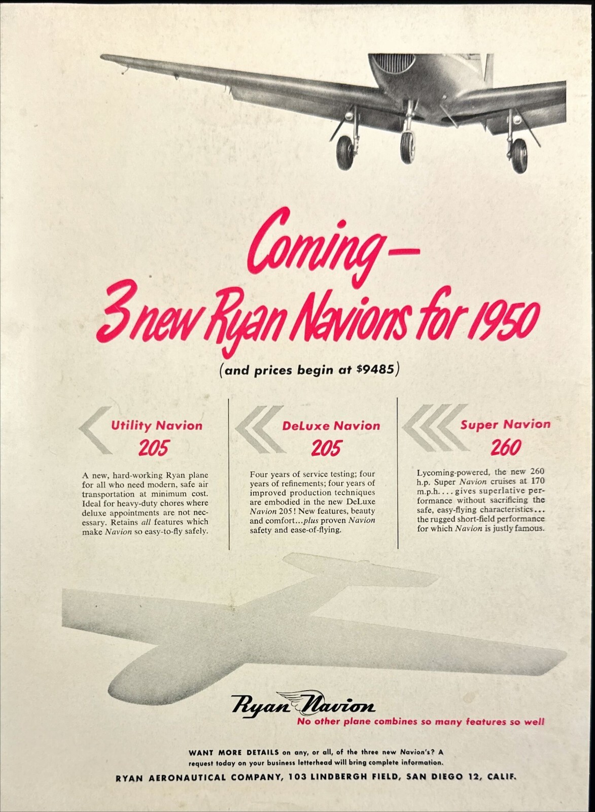 1950 Ryan Navion Vintage Print Ad 3 New Models Utility Deluxe Super