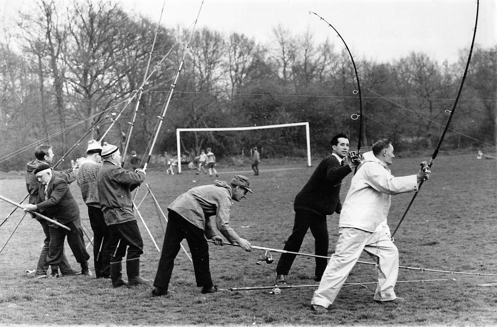 1967 Press Photo Angling Club Practices Casting Fishing on Soccer Football pitch