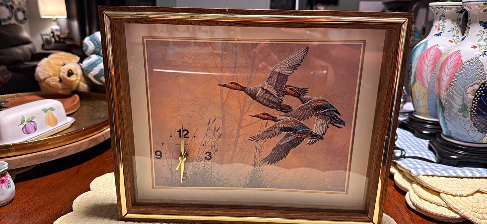 Beautiful vintage wildlife wall clock featuring a ducks-in-flight print