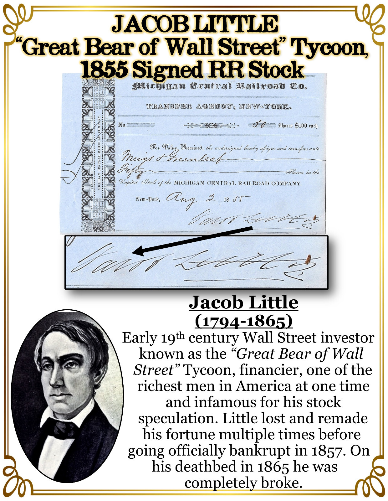 JACOB LITTLE “Great Bear of Wall Street” Tycoon, Signed RR Stock 1855