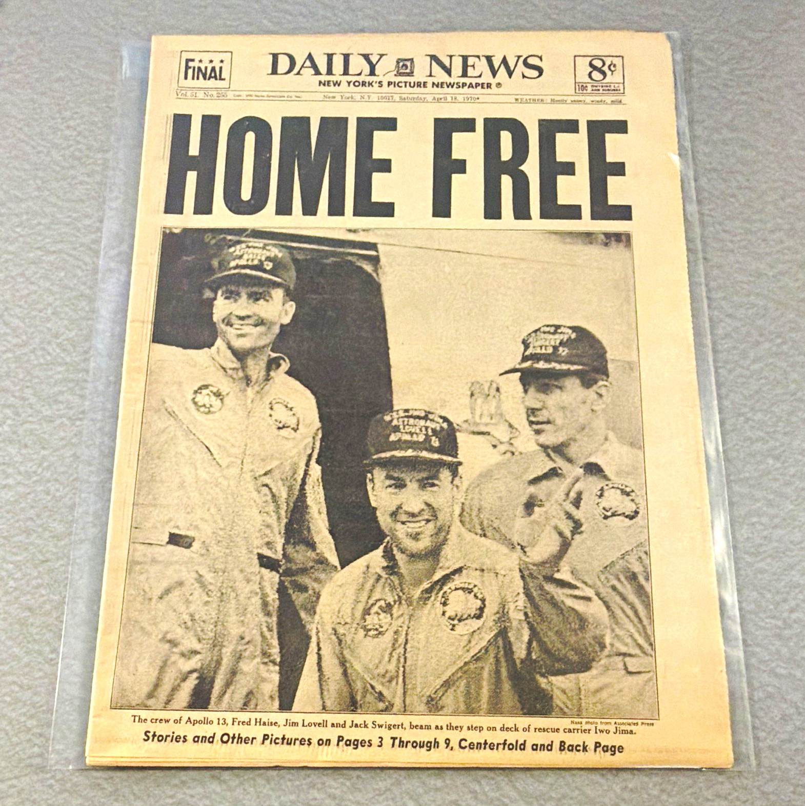 Vintage April 18, 1970 NY Daily News “Home Free” Apollo 13 astronauts complete Vintage April 18, 1970 NY Daily News “Home Free” Apollo 13 astronauts complete