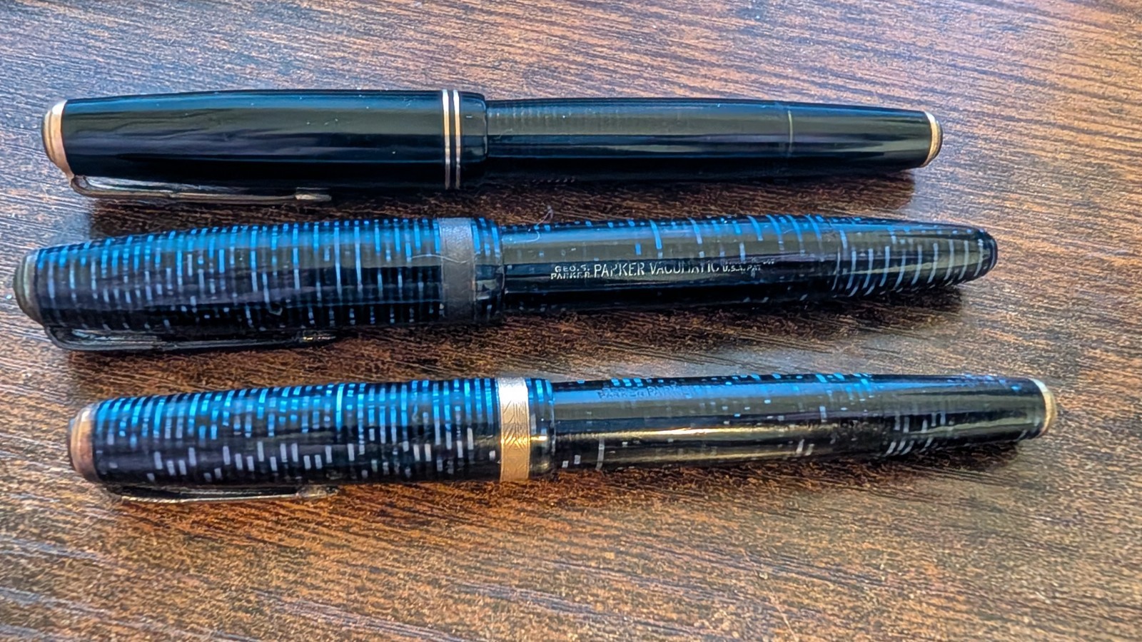 Three Parker Vacumatic Pens (Two Azure, One Black) - Early To Mid 40s