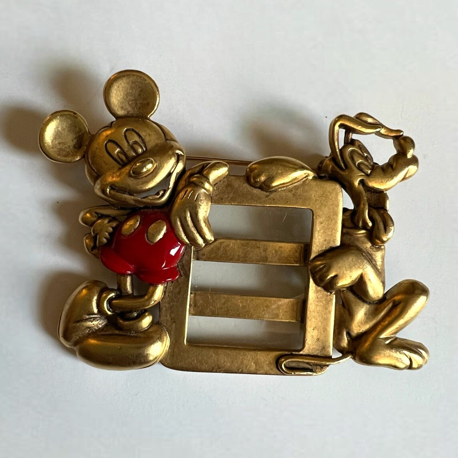 Vintage Disney Mickey Mouse & Pluto Mini Picture Frame Pin Brooch Gold Tone
