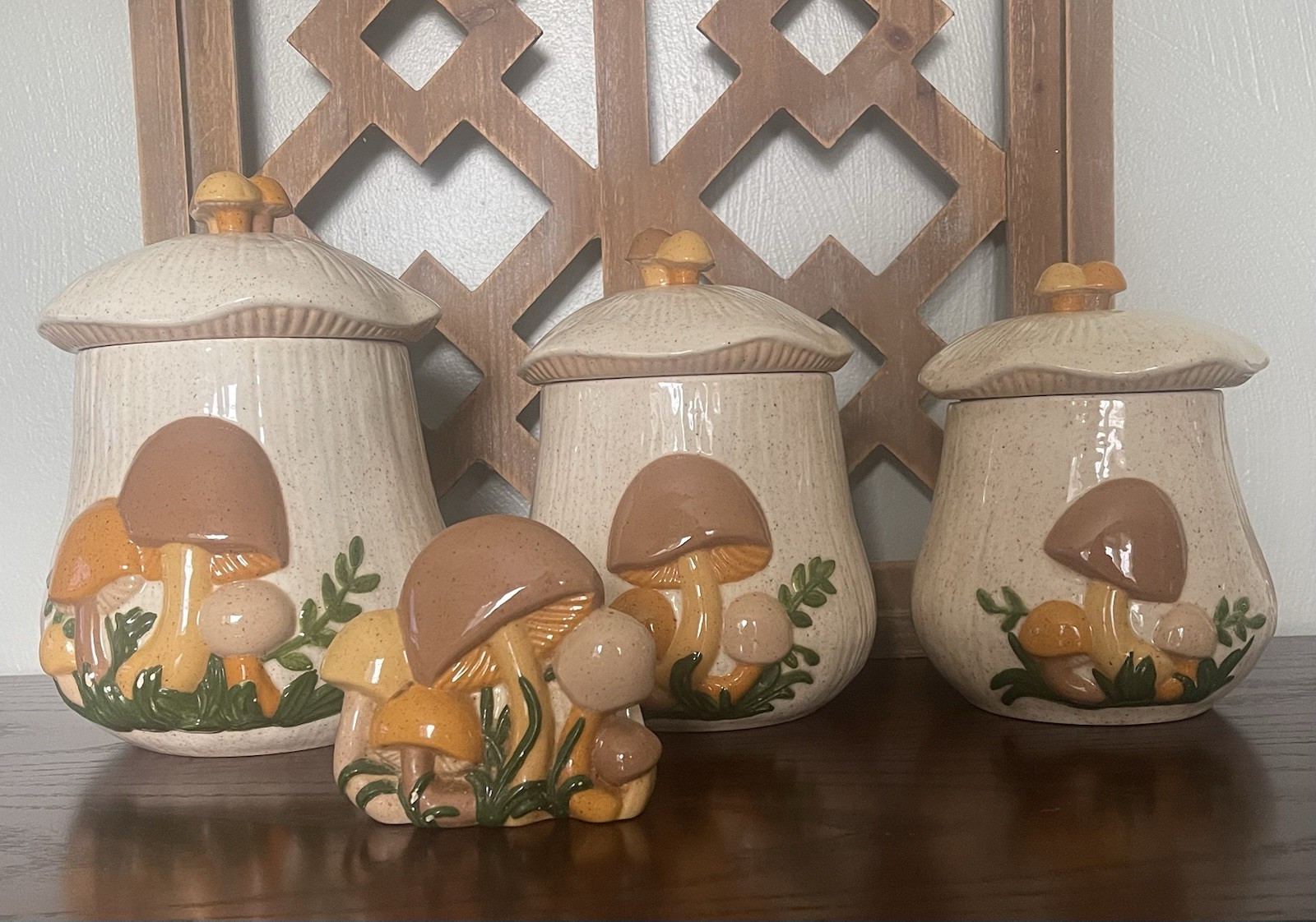 Vintage 1970s Ceramic Mushroom Canister Set 4 Pc Retro Kitchen Cottagecore