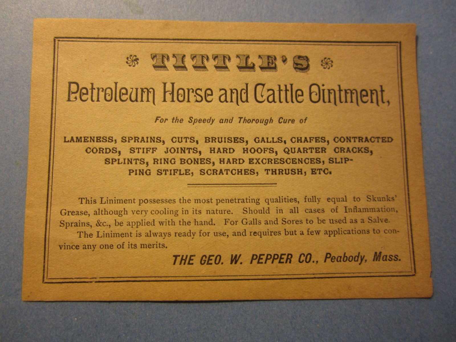Old Antique c.1900 - TITTLE'S Horse and Cattle Ointment LABEL - Peadbody MASS. 