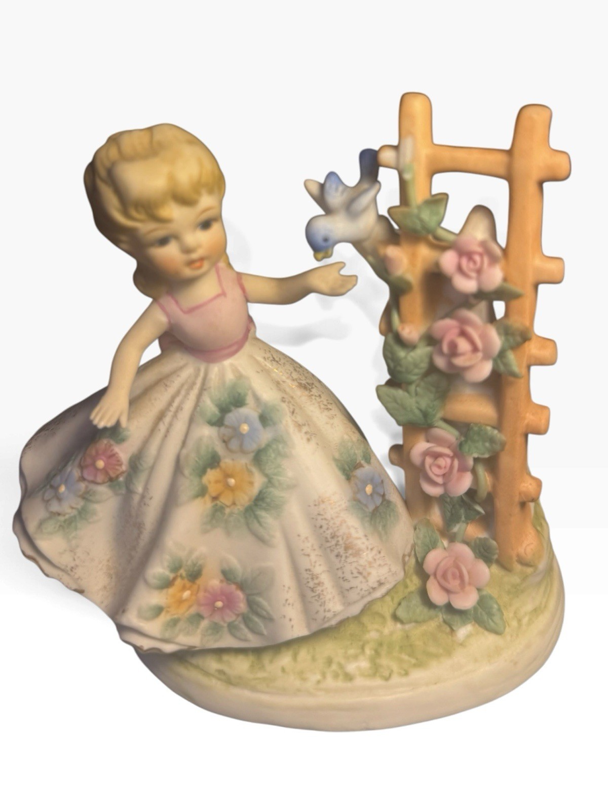 VTG Lefton Girl Figurine KW1700 Bluebird & Trellis Hand Painted Japan c.1950