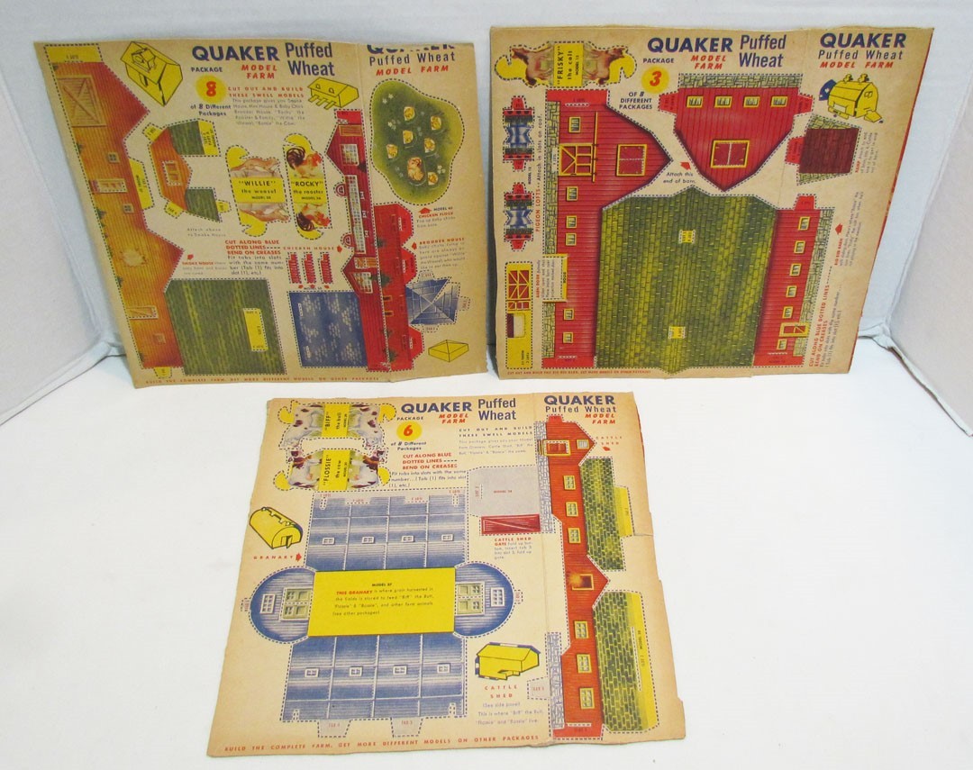 PUFFED WHEAT MODEL FARM CEREAL BOX BACK LOT OF 3 QUAKER c. 1940\'s VINTAGE