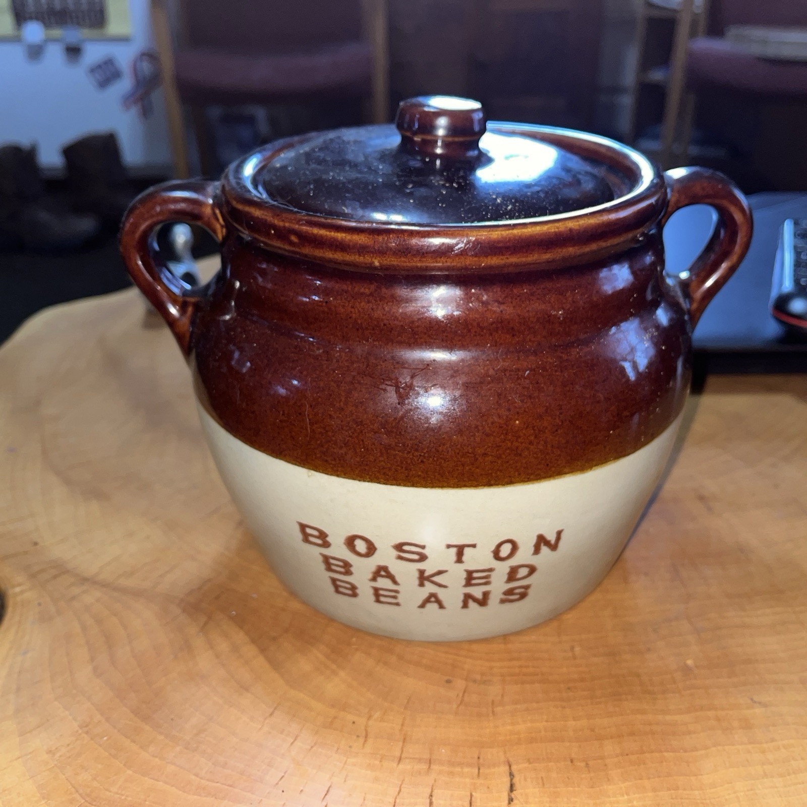 Vintage Monmouth Pottery Boston Baked Beans Crock Double Handled Pot Brown Tan