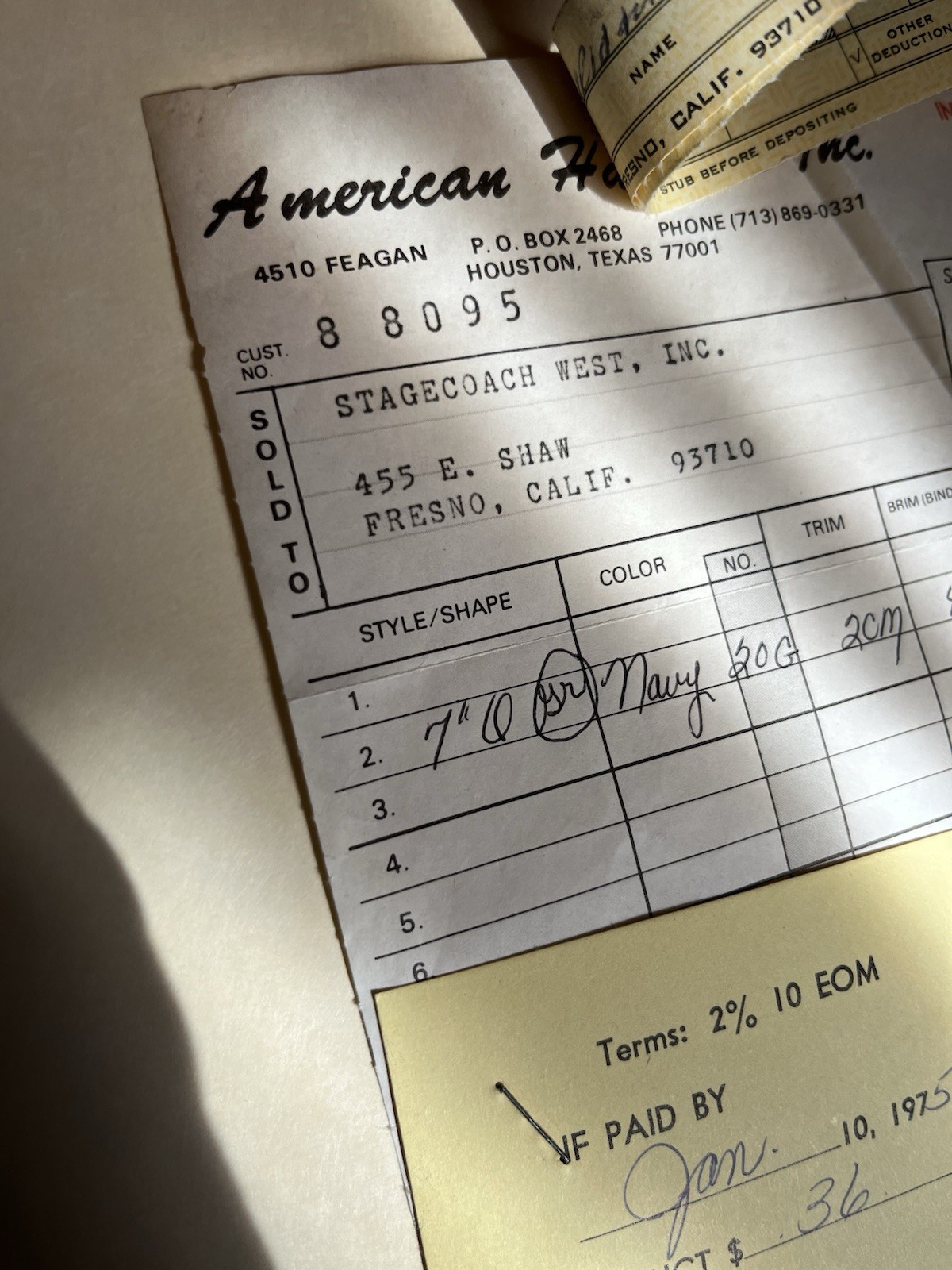 Vintage 1974 American Hat Co Invoice Stagecoach West Fresno CA Western Ephemera