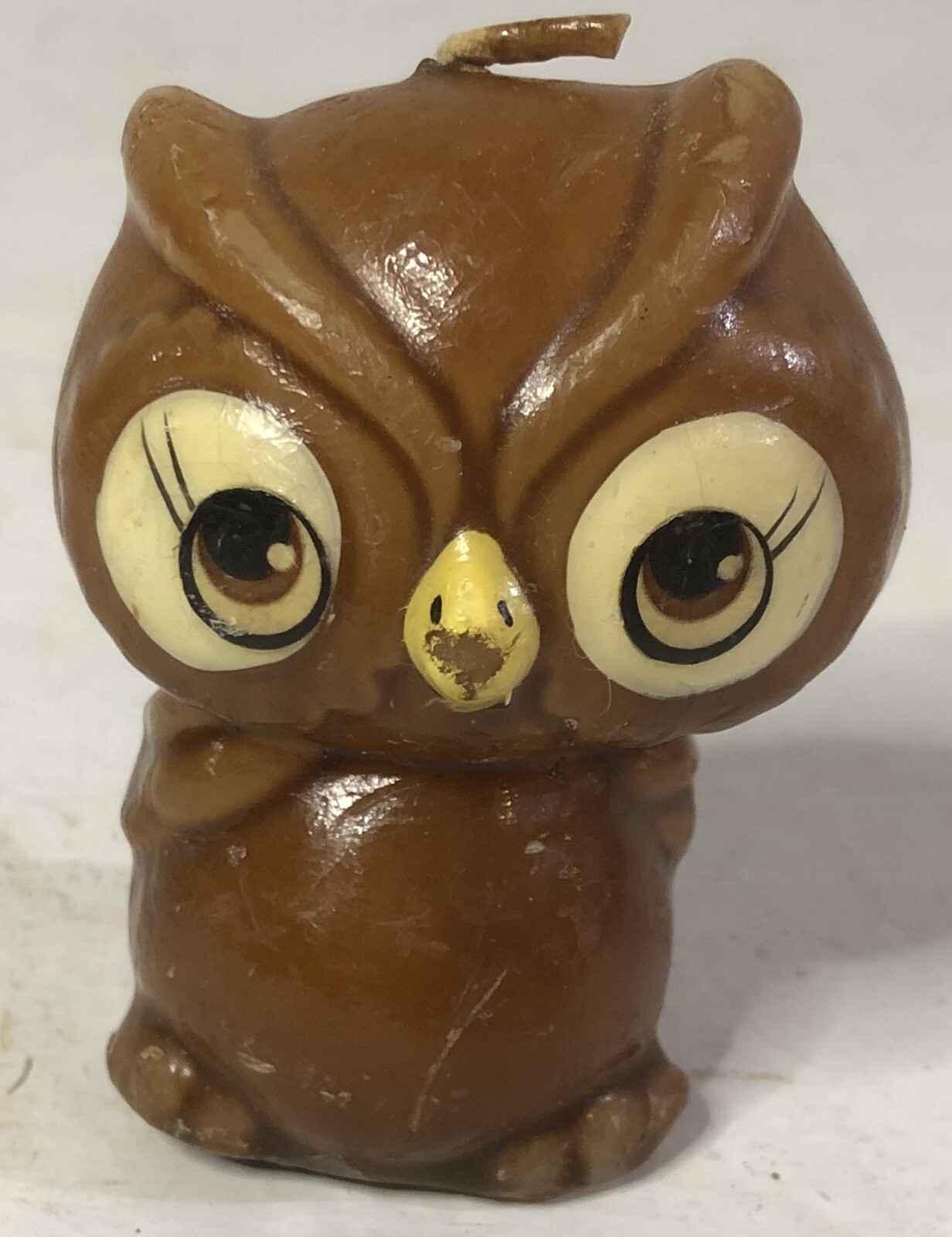 CUTE VINTAGE RUSS OWL WAX CANDLE 2 1/2” BROWN BIG EYES RETRO LOOK VINTAGE DECOR