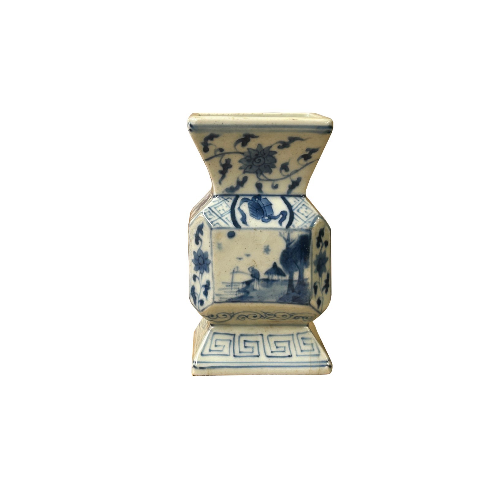Vintage Pale Blue White Scenery Graphic Square Porcelain Vase ws5036