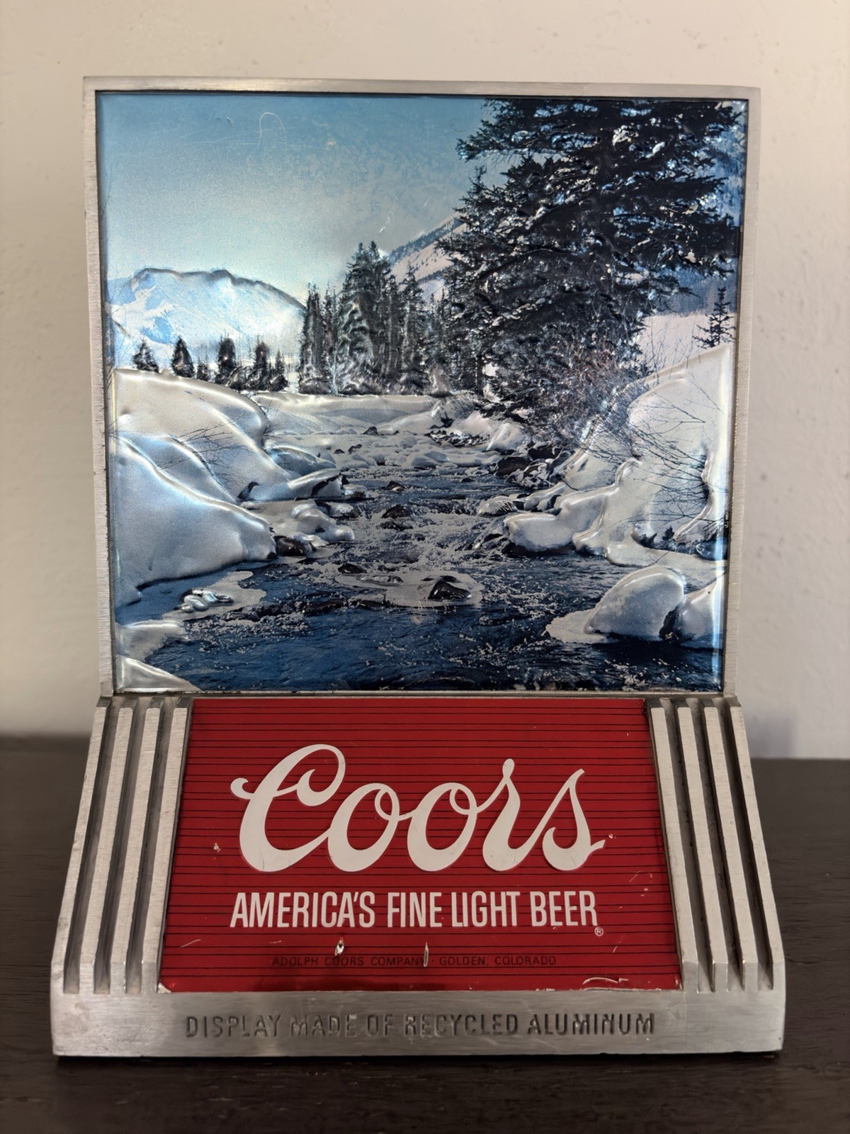 Vtg 1970s Coors Beer Aluminum Counter Sign Mountain Stream Orig Adhesive Backing