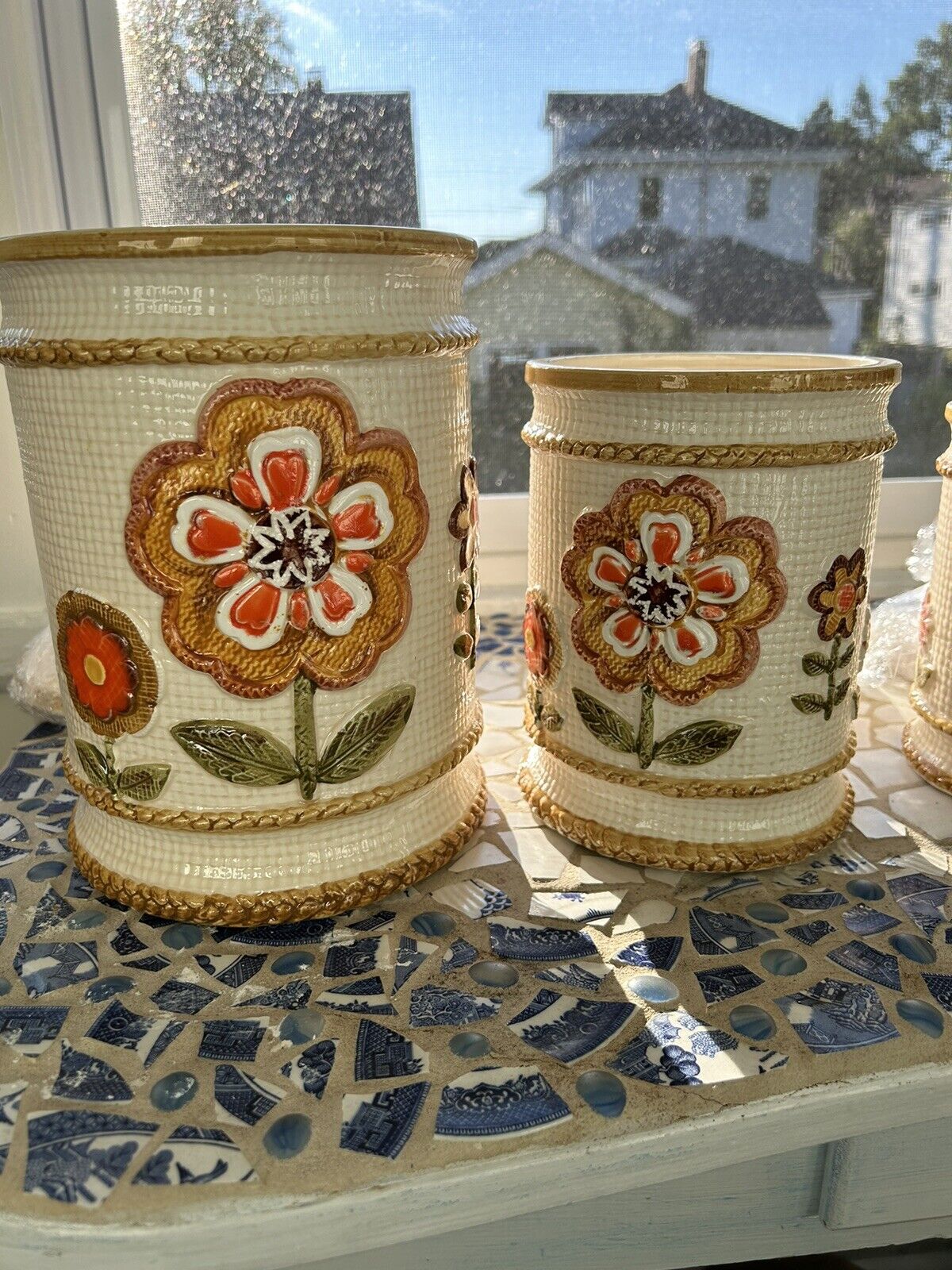 VINTAGE 70'S CANISTER SET OF 4 GROOVY RETRO FLORAL WOVEN JAPAN