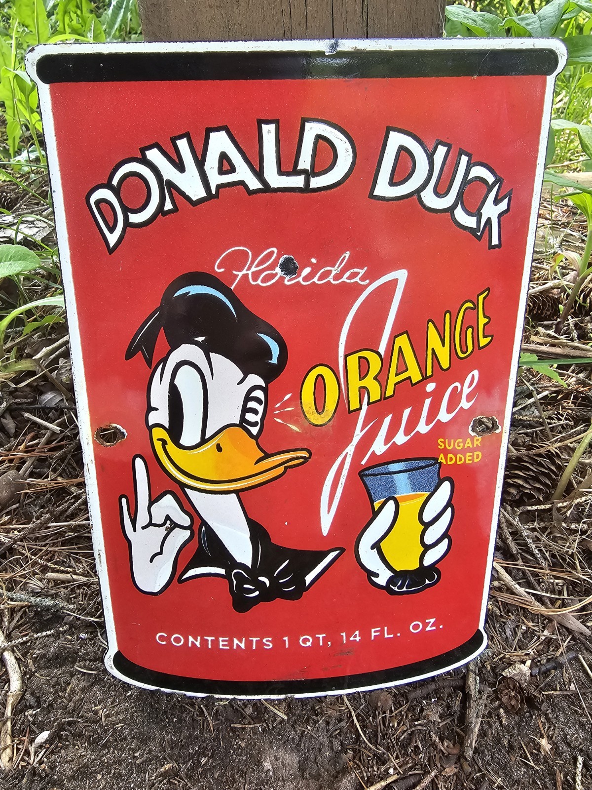 1950'S VINTAGE DONALD DUCK  ORANGE JUICE OIL GASOLINE SODA POP PORCELAIN SIGN