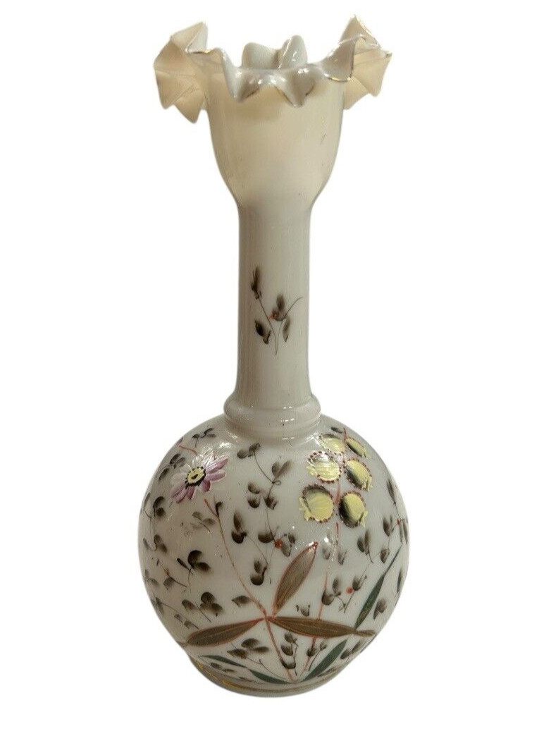 Antique Victorian Hand Painted Opaline Fluted Floral Handblown Glass Vase