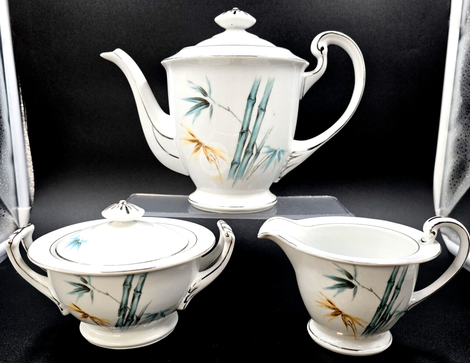 MIWA Meijyo Japan Porcelain Bamboo 3 pc Tea Pot Creamer & Sugar Set Silver Trim