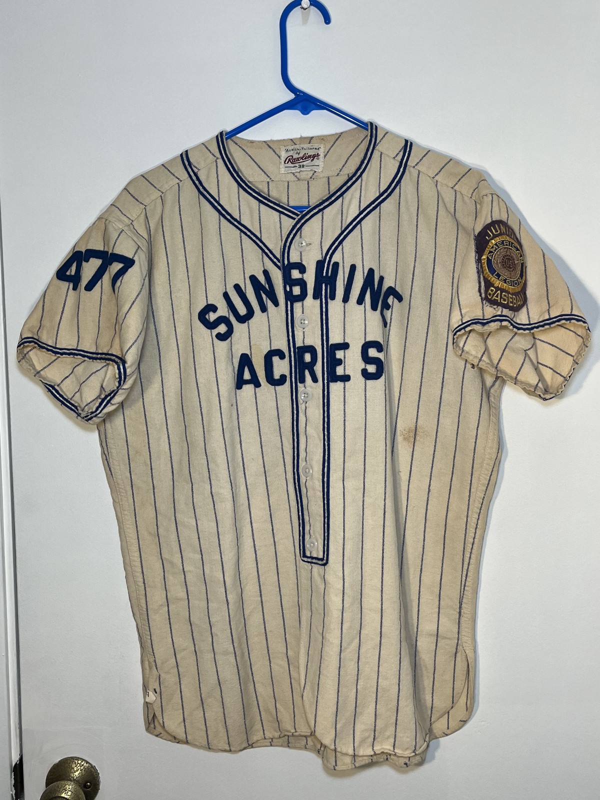 Vtg 1950s Rawlings Wool Baseball Jersey Wilshire Oil Sunshine Acres Post #477 #7