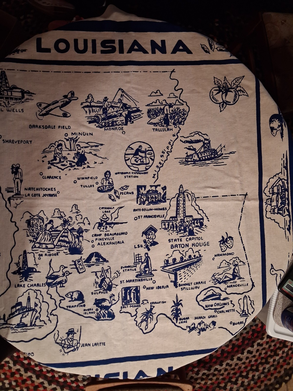 Vintage 1940s Tablecloth Pictoria Map Louisiana Blue Catus cloth 53X50 Near Mint