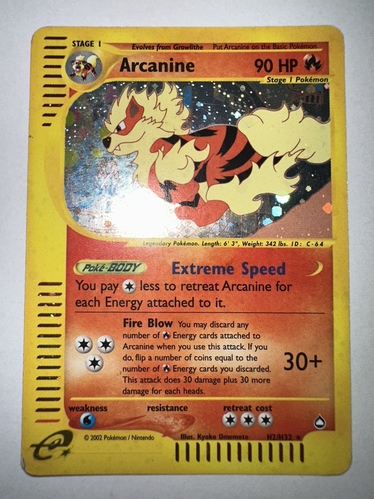 2003 RARE Pokemon Card Arcanine Aquapolis Swirl H2/H32 Reverse Holo