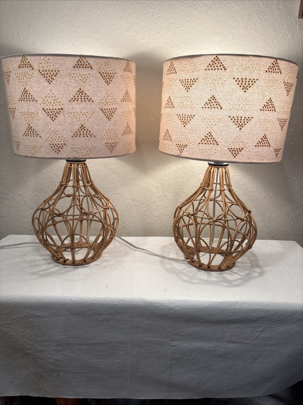 Pair Of Bohemian-Style Ratan Table Lamps With Geometric Pattern Shades. 20Hx12L