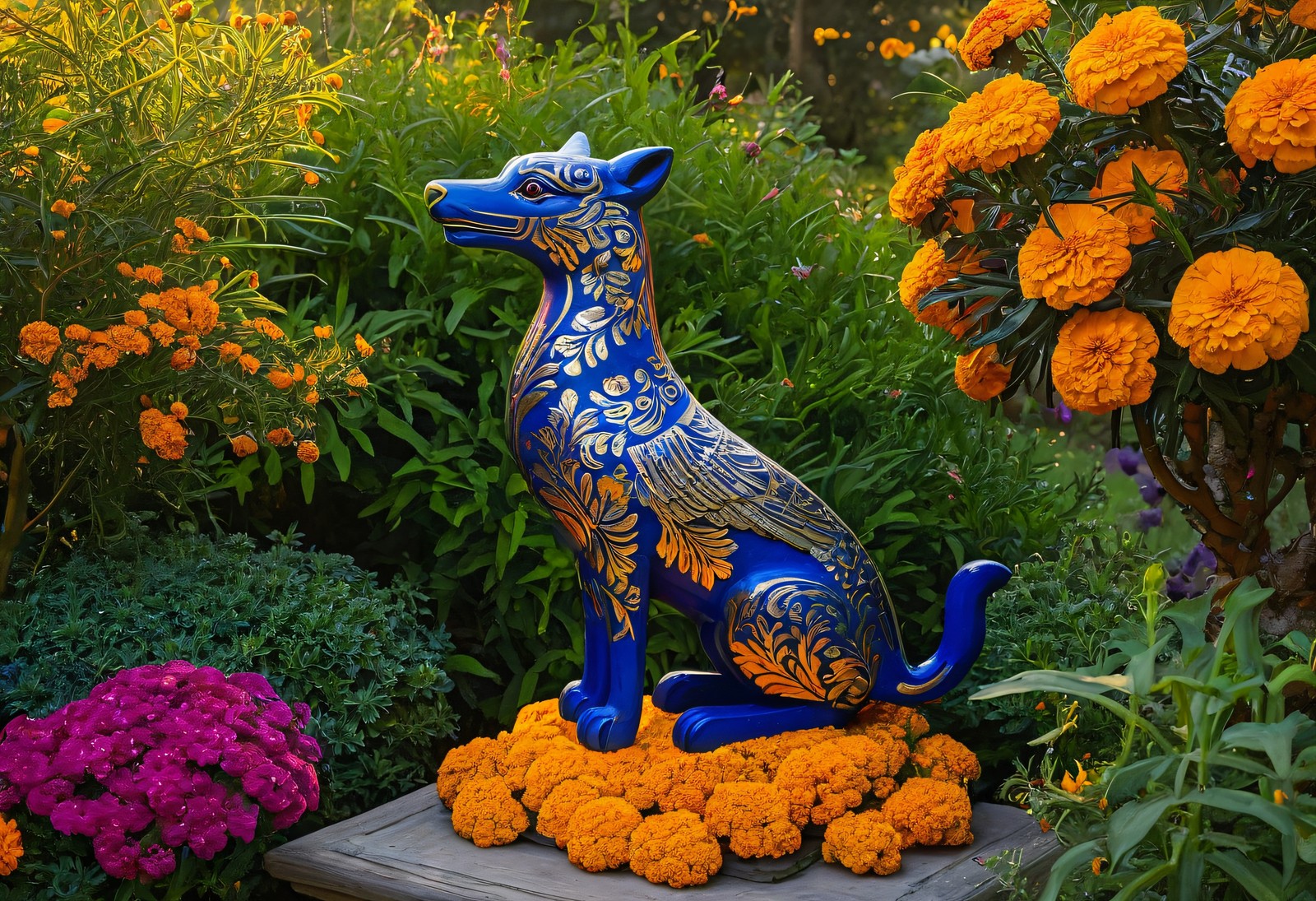 Garden Ofrenda with Folk Sculpture - Marigold Wall Art Print