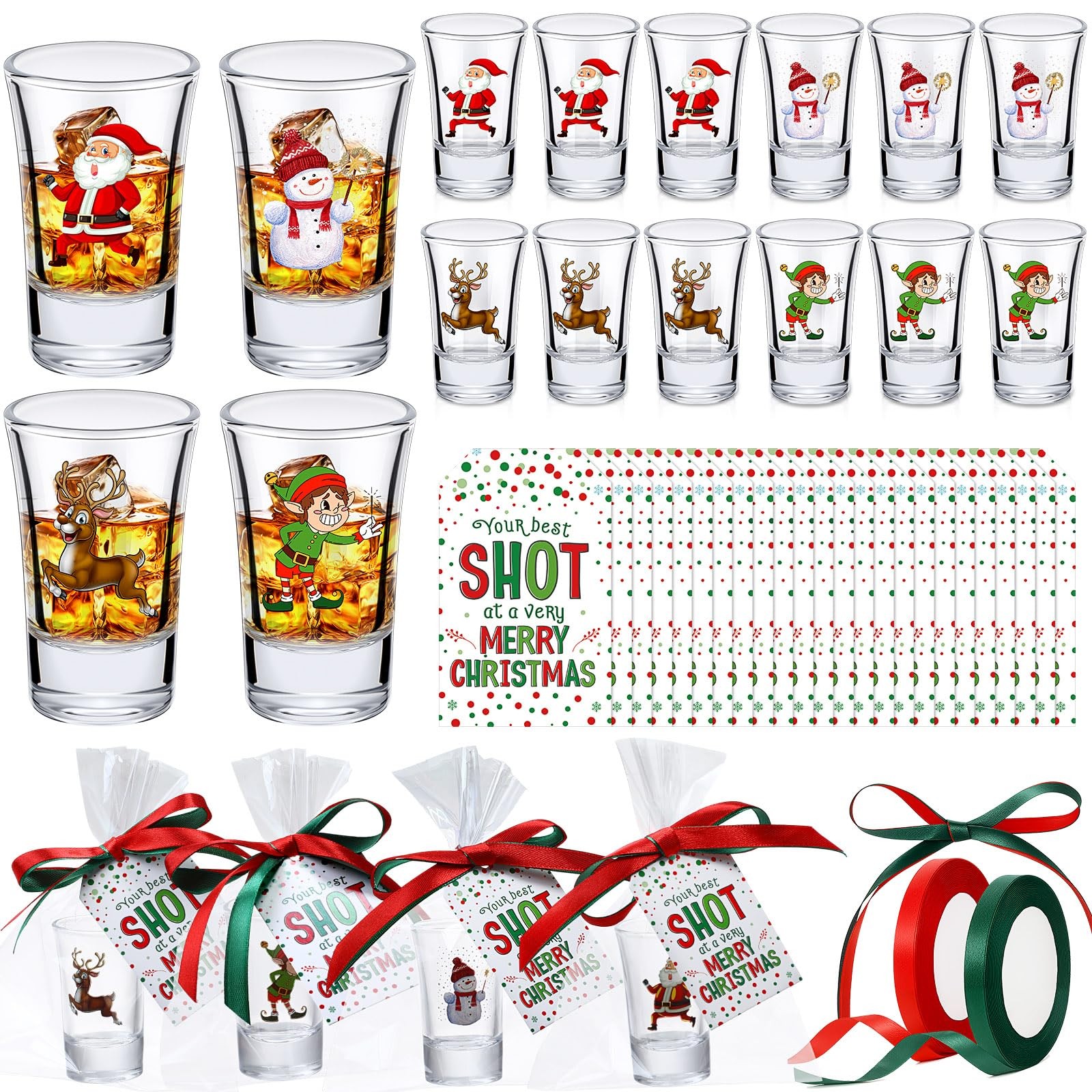 24 Pcs Christmas Party Favors Shot Glasses 1.5oz Holiday Glasses Bulk with He...