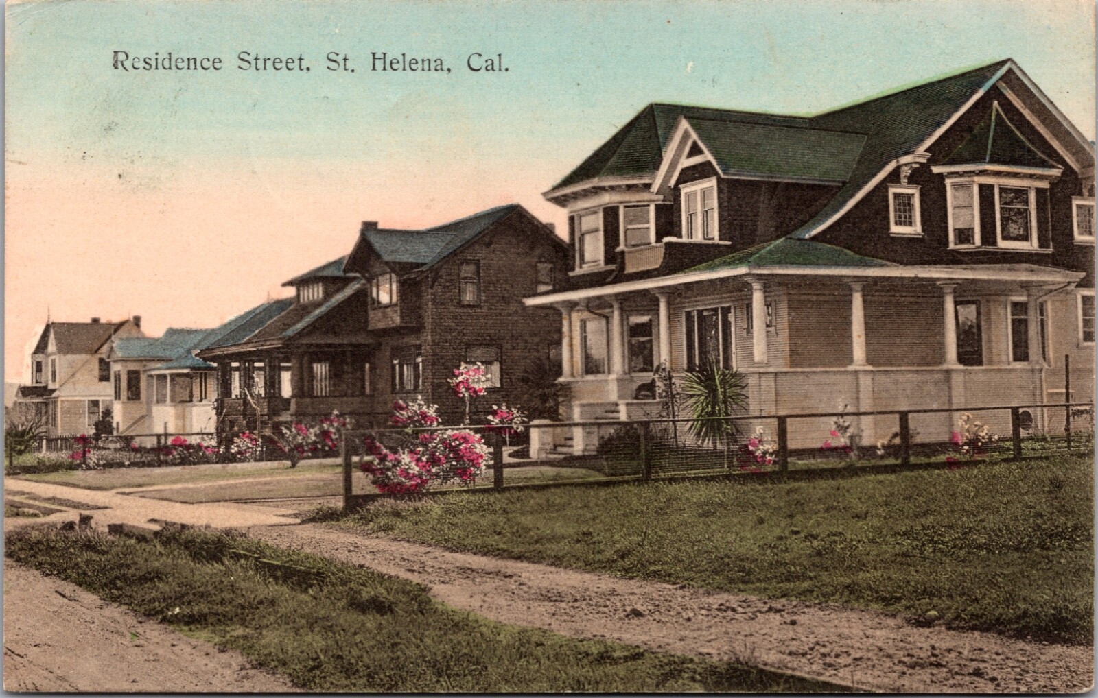 Hand Colored Postcard Residence Street in St. Helena, California