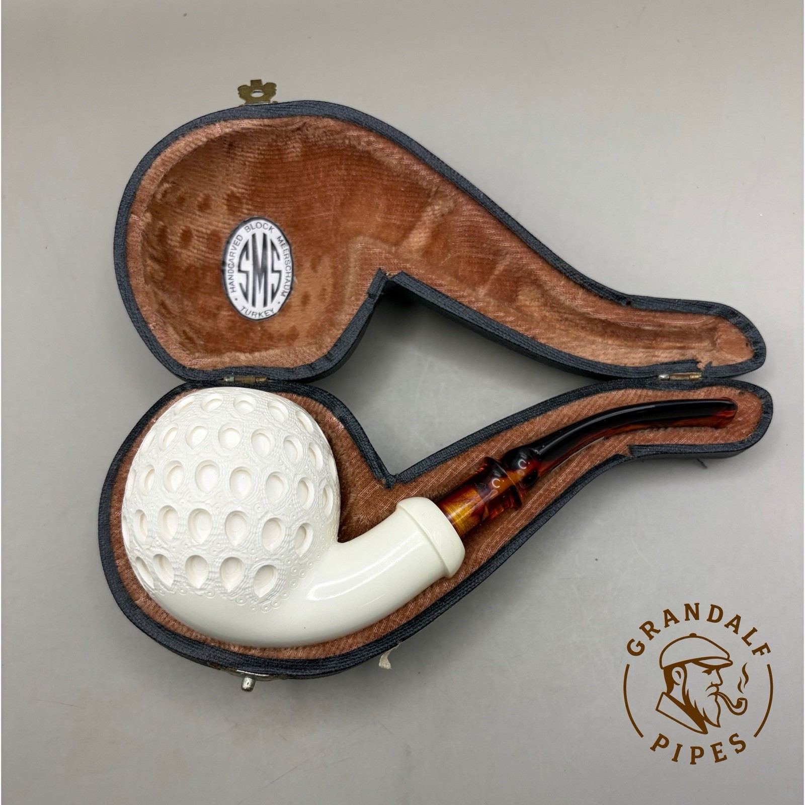SMS Unsmoked Block Meerschaum Bent Egg Pipe Lattice Carved Cased NOS Turkey