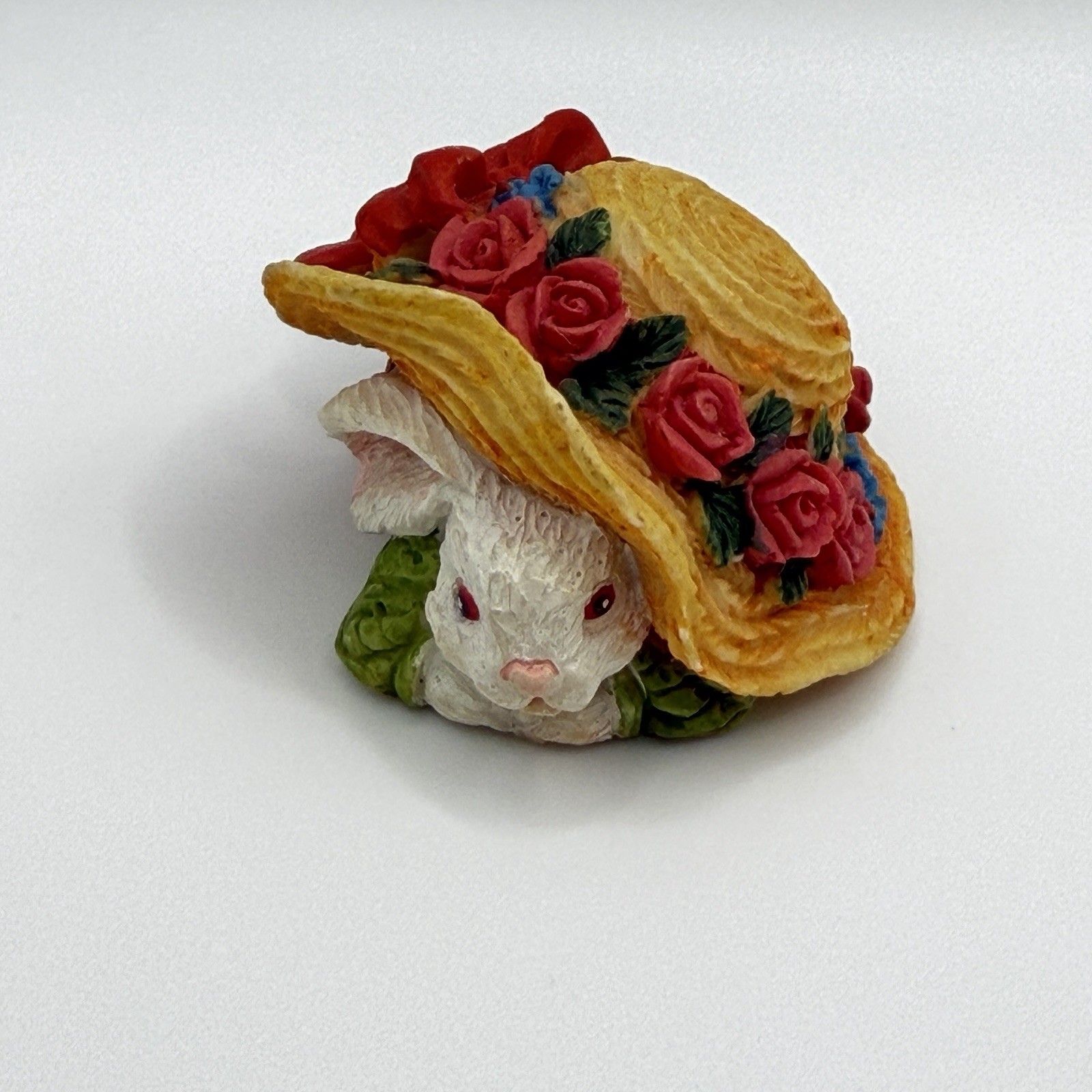 Vintage White Bunny Hiding Under A Hat Trimmed W/Rose Flowers Figurine
