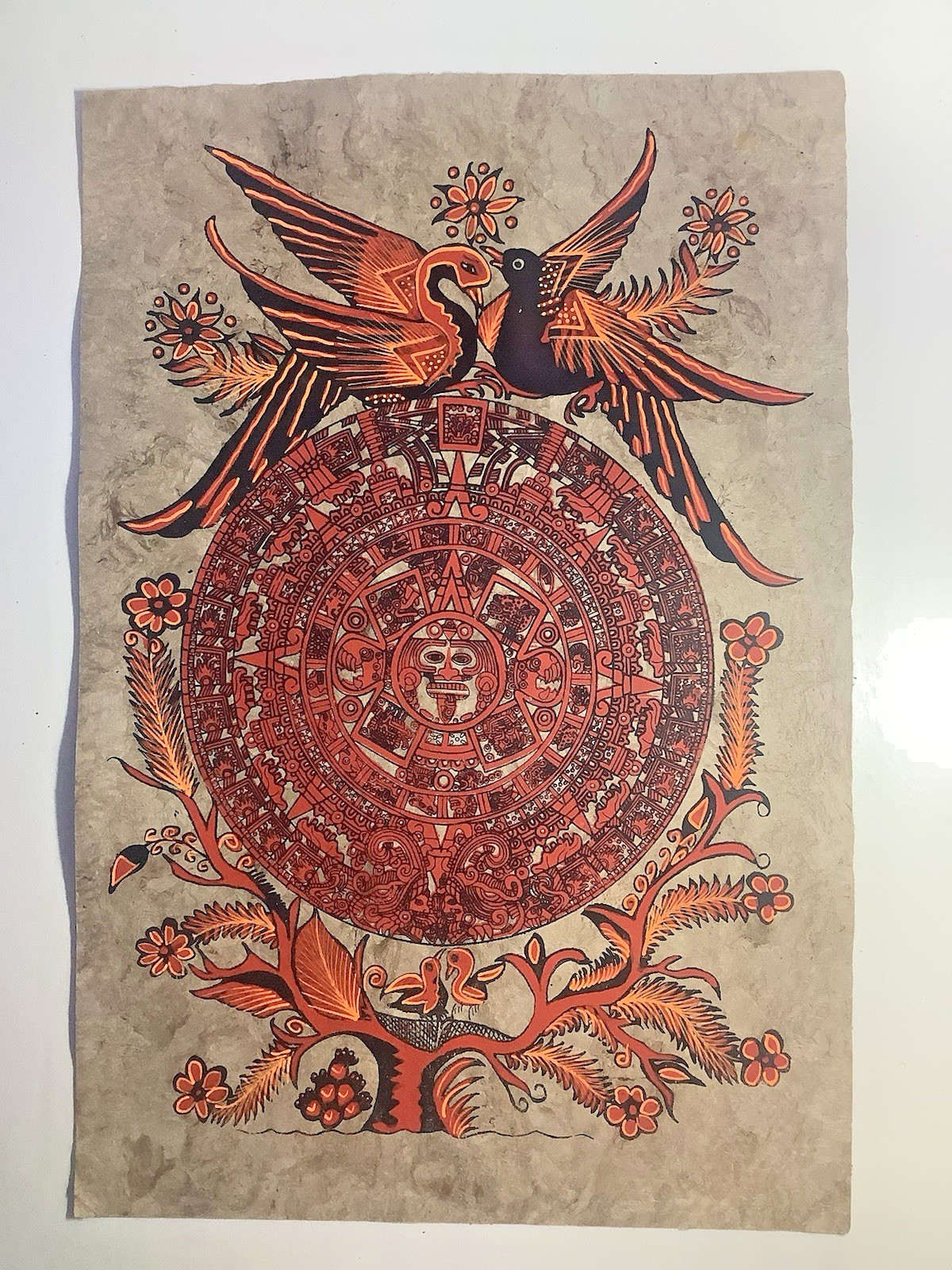 Mexican Amate Bark Folk Art Handmade Painting - Red Aztec Calendar - 16 x 23