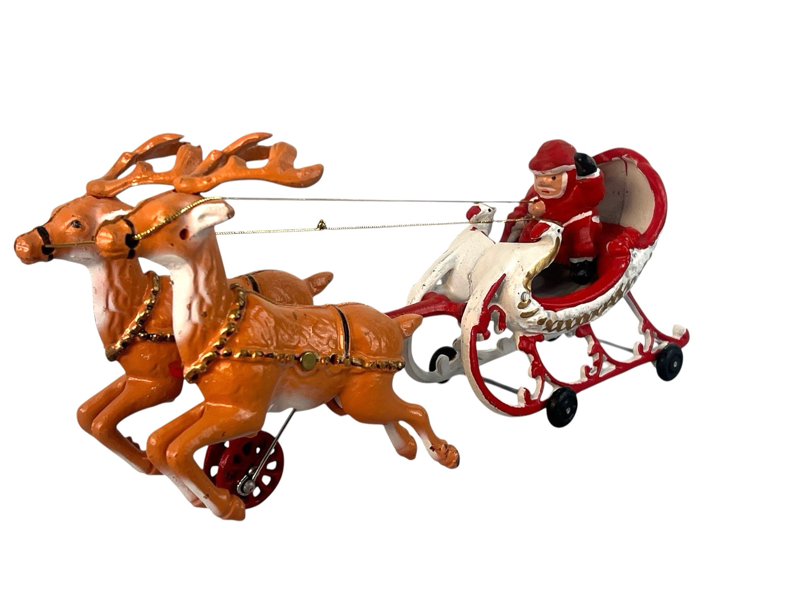 vtg 1930's Hubley Heavy Cast Iron Santa Sled & Flying Reindeer on Wheels
