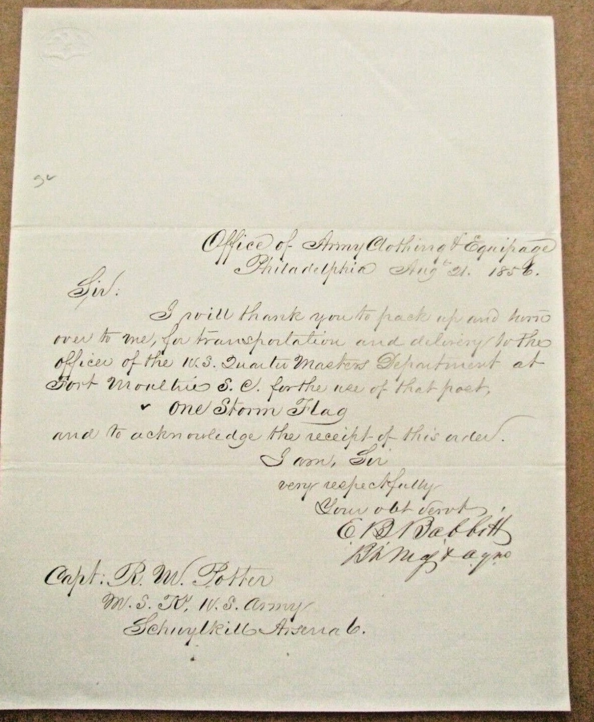 FORT MOULTIRE SOUTH CAROLINA PRE CIVIL WAR POST FLAG INVOICE 1856