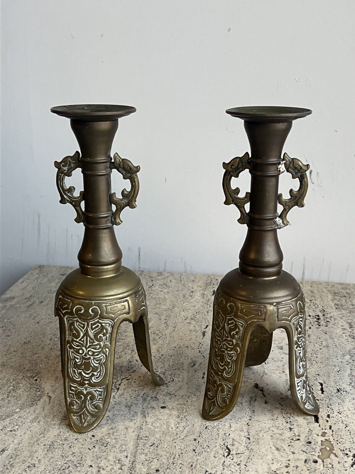 Vintage Pair of Ornate Brass Candle Holders