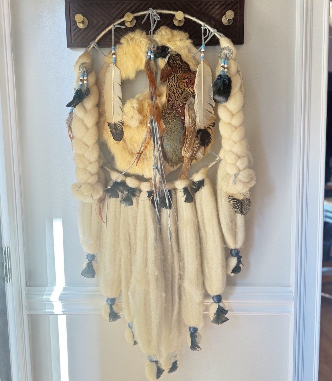 Vintage Native Large Dream Catcher Wall Hanging Fur Feathers 41” Boho