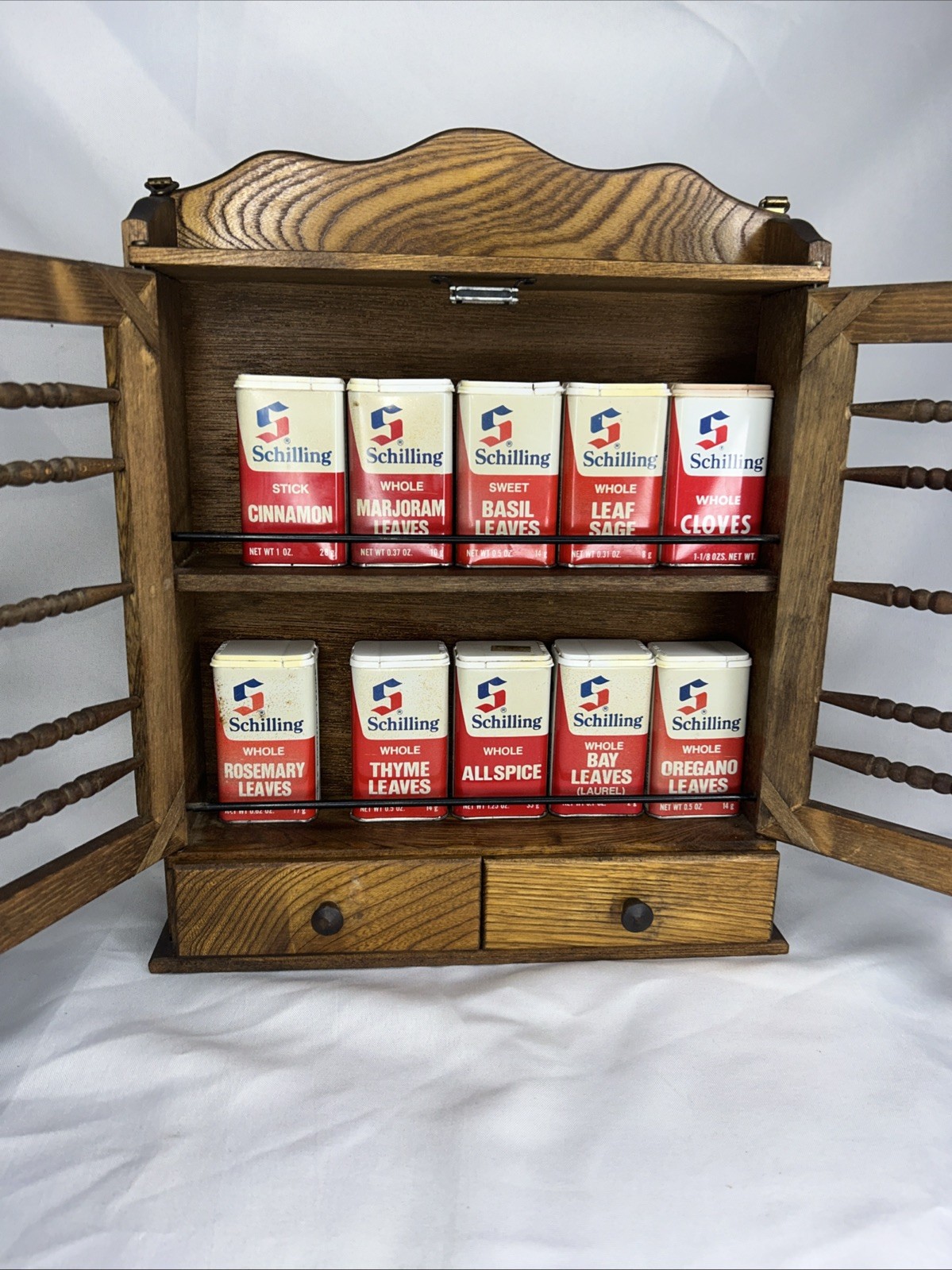 Vtg MCM Wood Spice Rack Cabinet Wall Rack Wood 10 Vintage Schilling TINS Full Vtg MCM Wood Spice Rack Cabinet Wall Rack Wood 10 Vintage Schilling TINS Full