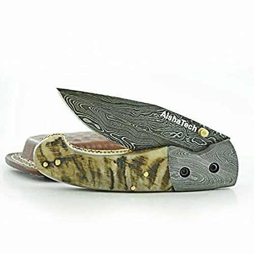   AishaTech Classic Hand Crafted Folding Knife Damascus Steel Ram Horn H AT-1215